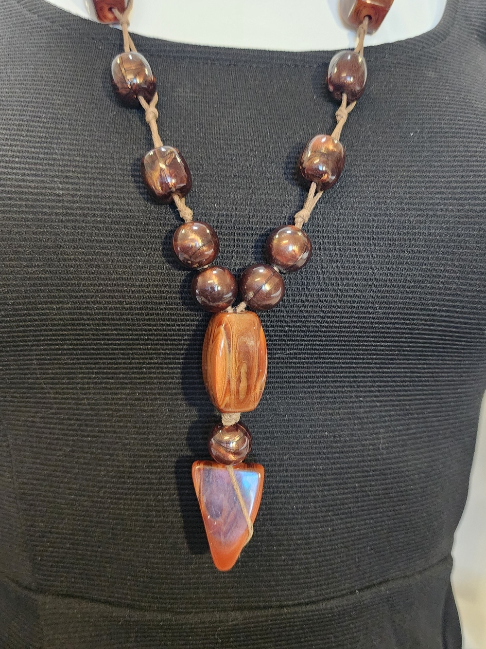 Y2K Tribal Inspired Brown Acrylic Beaded Cord Necklace Geometric Pendant Boho
